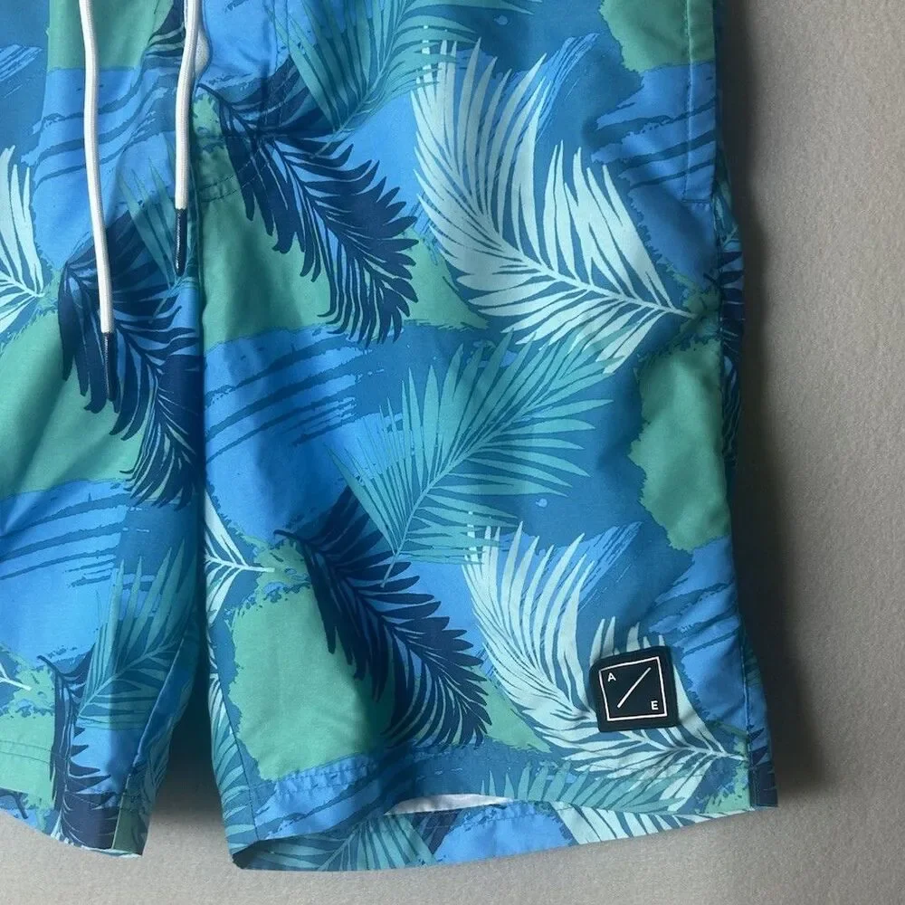 American Eagle Mens Large Tropical Palm Leaf Swim Trunks Blue‎ Beach Shorts